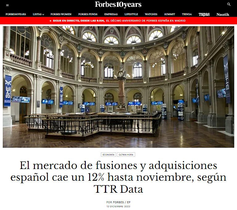 El mercado de fusiones y adquisiciones espaol cae un 12% hasta noviembre, segn TTR Data